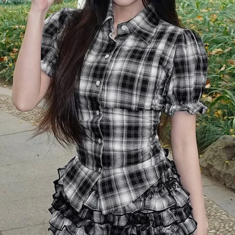 스윗 브라운 플래드 반팔 탑 일본 스타일 귀여운 블라우스 버튼 셔츠 A라인 레이어드 미니 플래드 스커트 (반바지 포함)