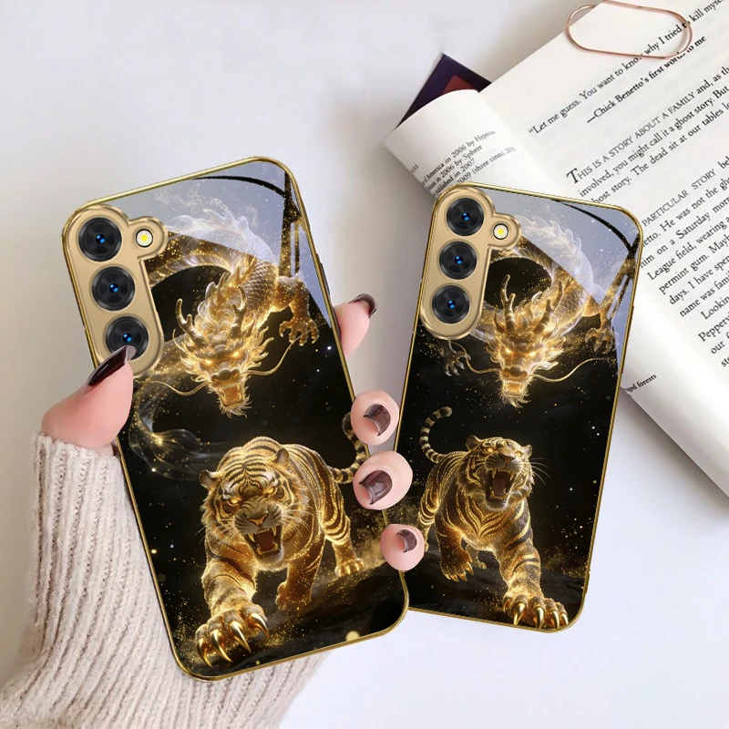 Golden Dragon and Tiger For Samsung Galaxy S26 S20 FE S21 S22 S23 Plus S24 Ultra S25 Ultra S21 S25 S22 Golden glass phone case