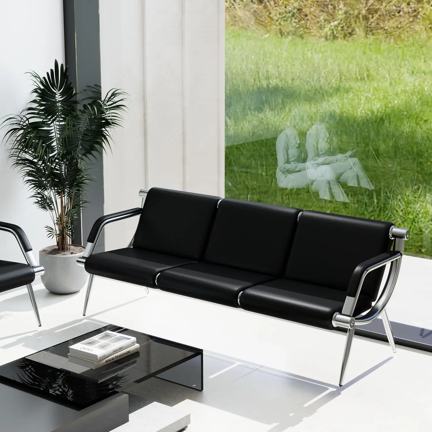 Black PU Leather 3-Seat Reception Sofa Bench, Padded Waiting Room Chair for Bank Office Hospital Lobby