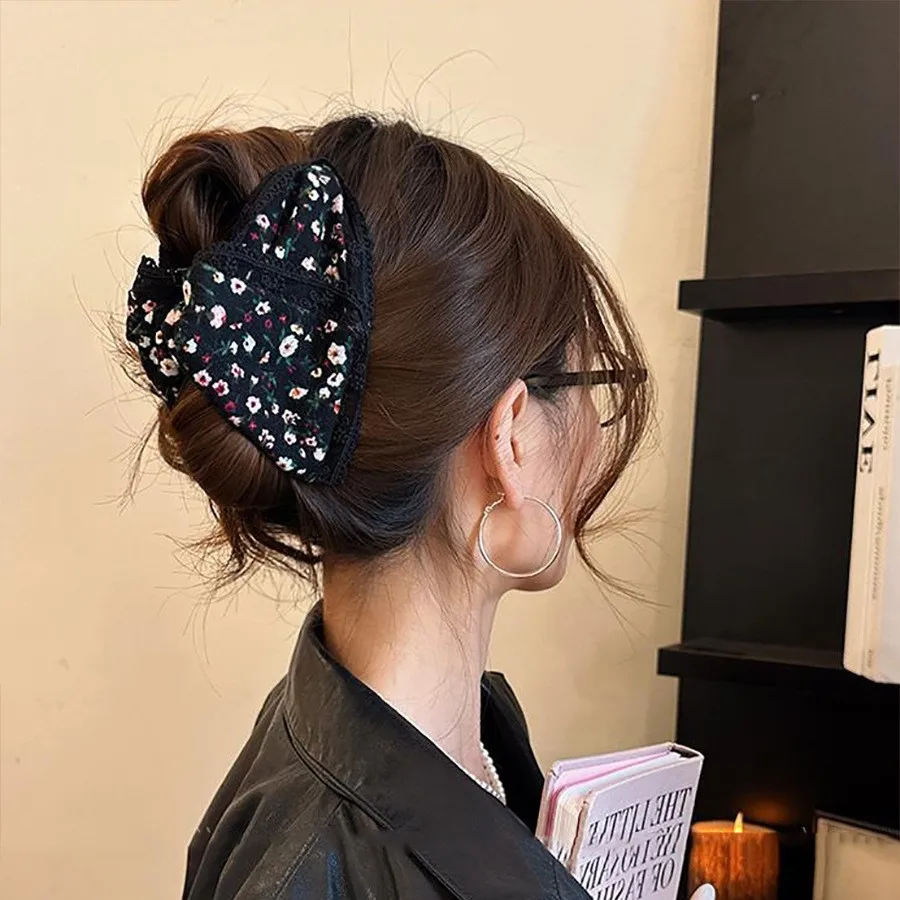 Floral Print Hair Shark Claw Clip Volumizing Korean Sweet Style Back Head Updo Premium Daily Beige