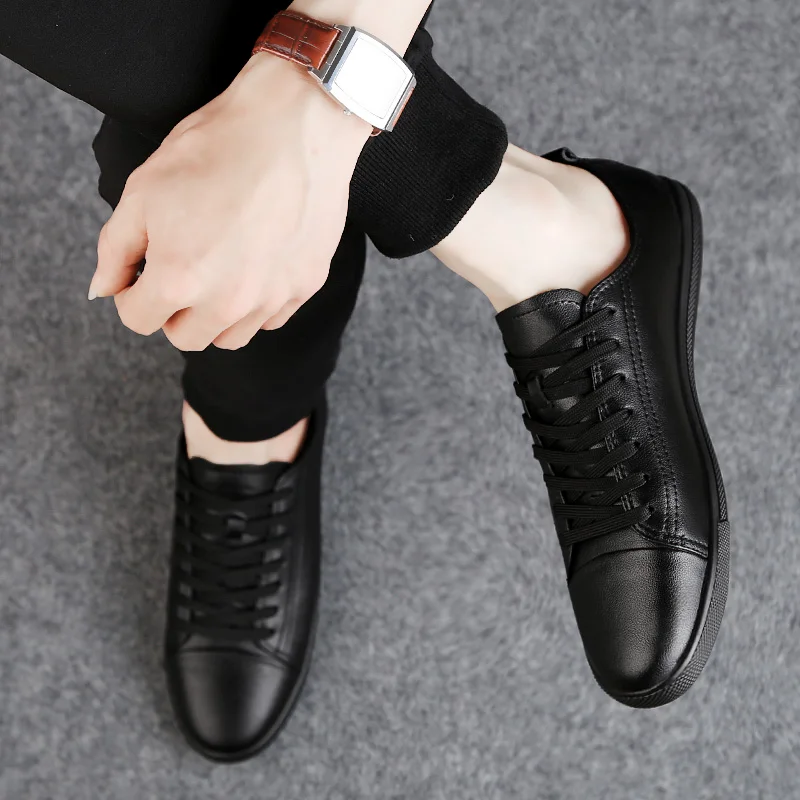 Genuine Leather Shoes Men Footwear Black White Sneakers Shoes 2026 Ins Sneakers Male Shoes Breathable Cow Leather Velvet