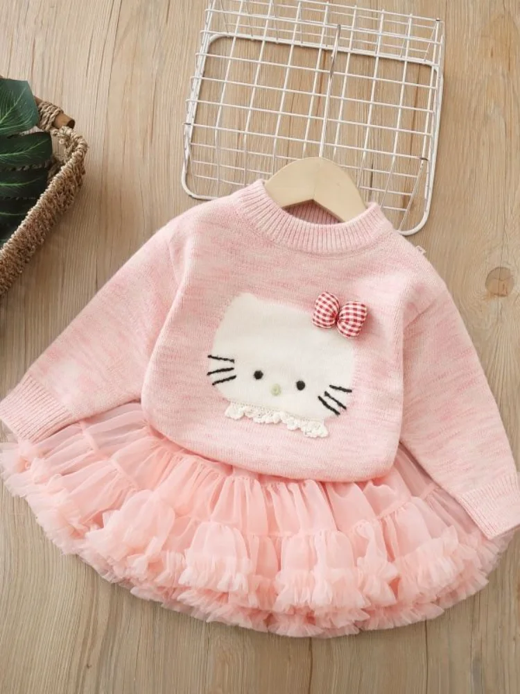 

Костюм Sanrio Kawaii: вязаный свитер Hello Kitty и пышная юбка, аниме-мультфильм, осень-зима, новинка, утепленная юбка принцессы Sanrio