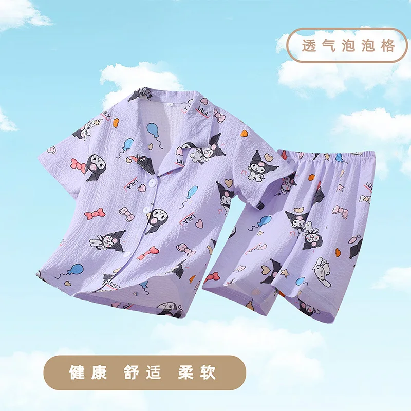 

Sanrio Cartoon Kuromi Pattern Children's Pajamas Summer Short Sleeve Shorts Bubble Crepe Set Girls Cardigan Children's Homewear