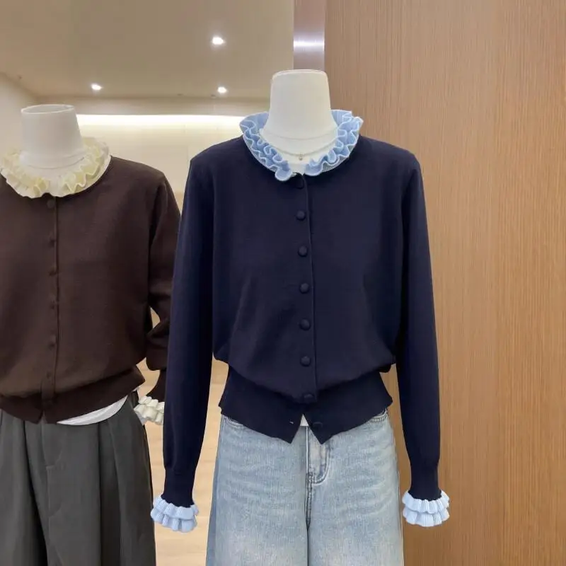 

autumn winter Women's shorty wood ear lace splice soft and sticky sweater cardigan new model Slimming knit coat base layer tops