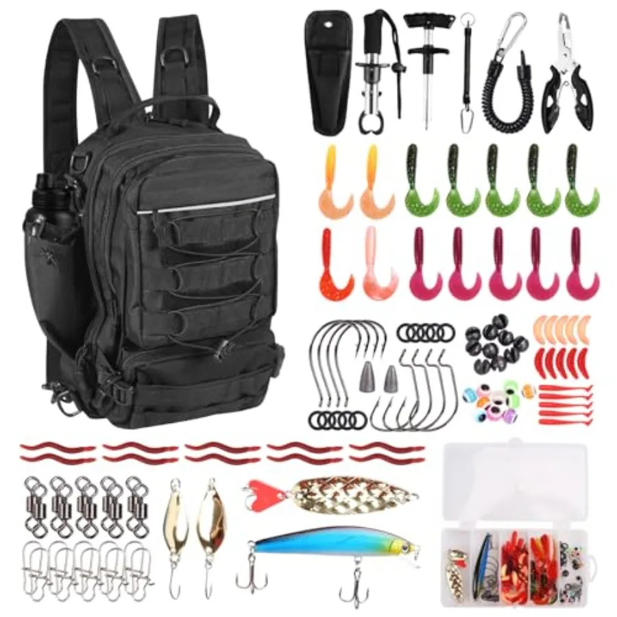 

117Pcs Waterproof Fishing Backpack with Tackle Boxes Pliers Fish Hook Remover Lip Gripper in Black and Blue Ideal Gift for Boys