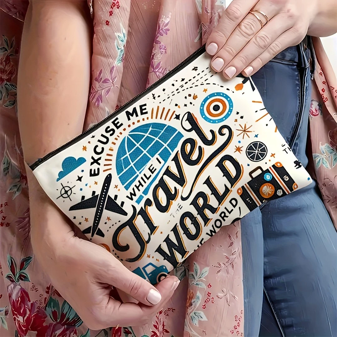 1pc Global Travel Cosmetic Bag - World Map and Airplane Design Cosmetics Storage Pouch, Travel Cosmetic Bag