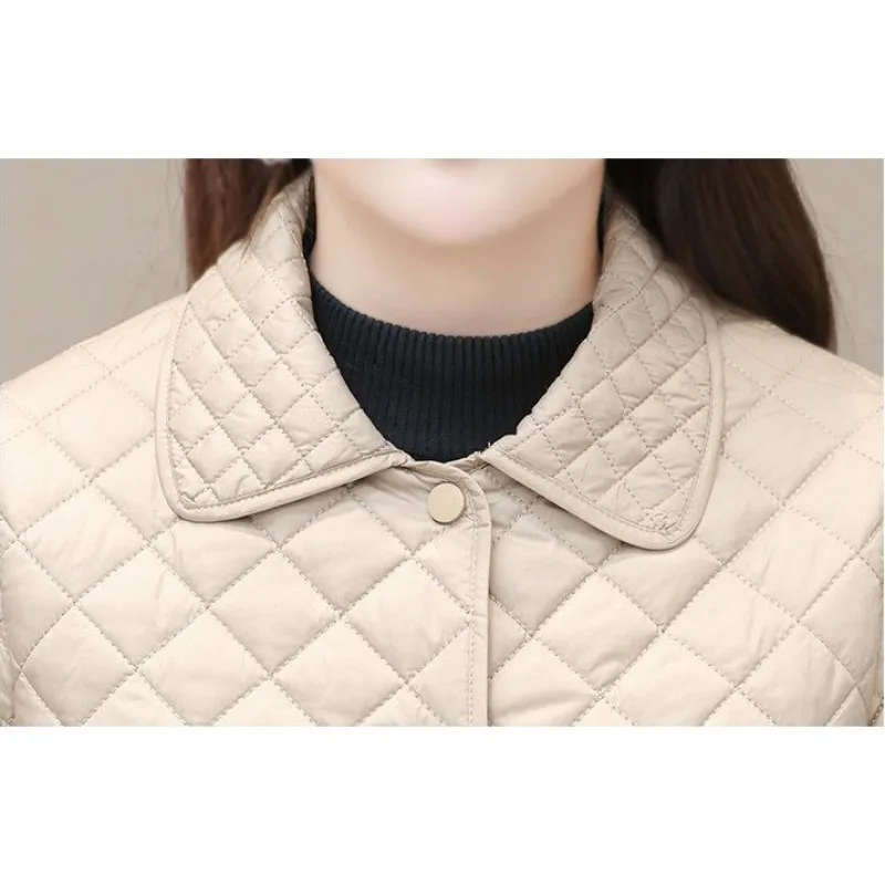 Mid-length Diamond Plaid Jacket Women\'s Overcoat New Spring Autumn Light Cotton Coat Mother\'s Loose Warm Cotton-Padded Coat