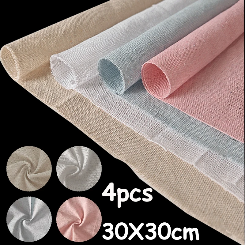 4Pcs Set of Natural Linen Fabric, Size 30X 30cm Cm, Suitable for Embroidery, Country Home Decor, DIY Crafts, Sewing, and Holiday Gift Wrapping