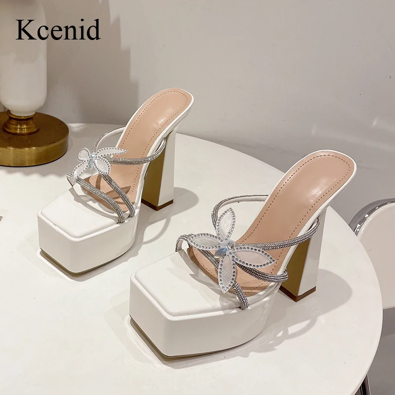 

Kcenid Sexy Narrow Band Crystal Rhinestone Butterfly Knot Platform Slippers Open Toe 15CM High Heel Chunky Sandals Women Sandals