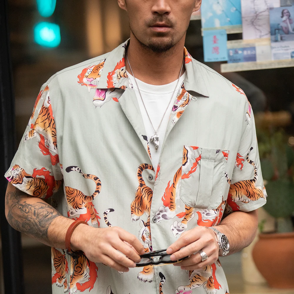 Camisas masculinas com estampa ukiyo-e tigre maden, manga curta para praia de verão, camisa havaiana solta casual, tamanho grande, tamanho grande, XXL