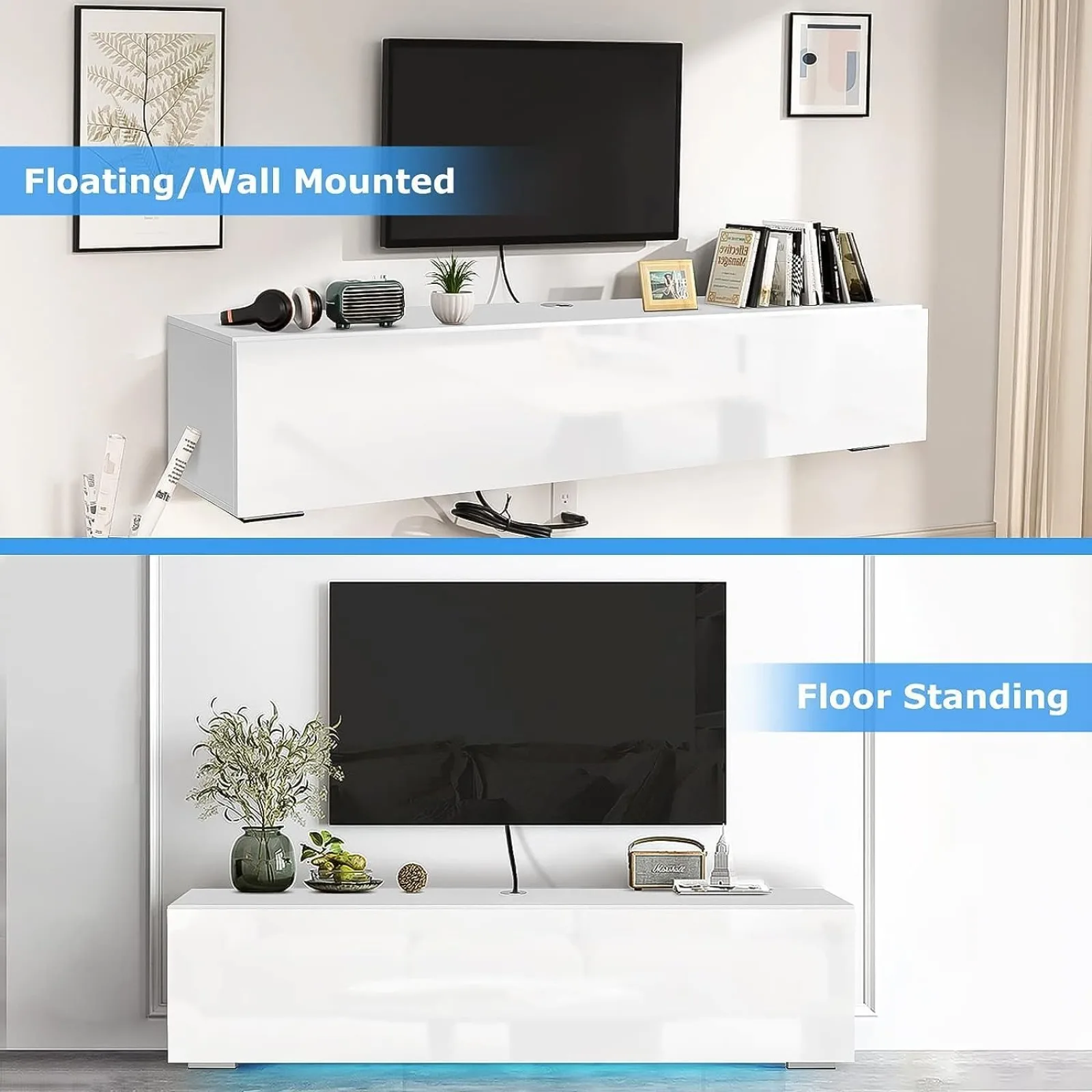 

US TV Stand with Led Light for 63 Inch TVs Wall Mounted Led Entertainment Center with High Gloss Storage Modern Floor White