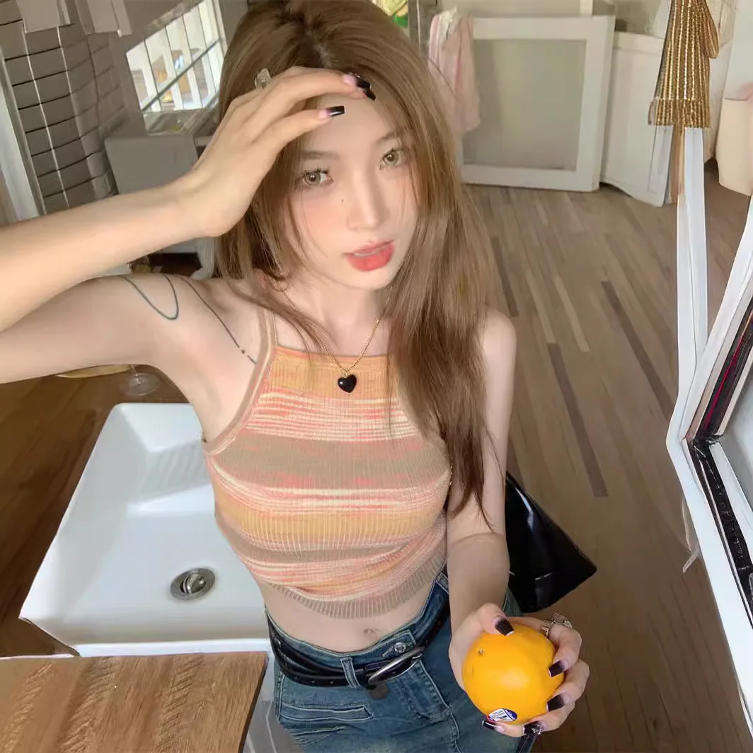 Internet famous knitted striped camisole vest women spring new sweet spicy short style slimming sleeveless top trend camisoles