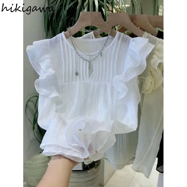 Cute Blouse Women O-neck Flying Sleeve Crop Tops Fashion Ruffles White Shirts 2024 Blusas De Mujer Temperament Summer Blouses