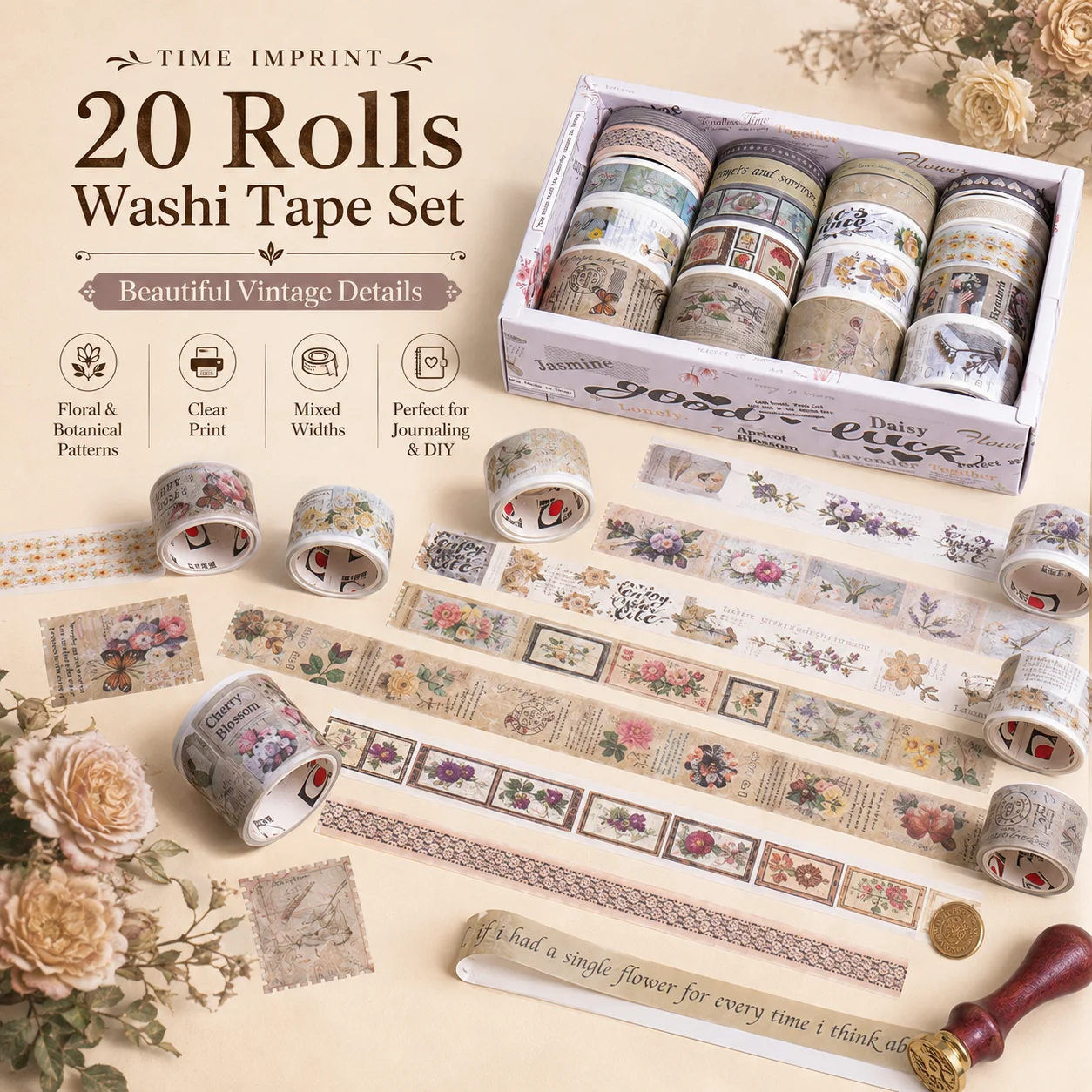 20Pcs Vintage Botanical Washi Tape Set Retro Flower Decorative Masking Tape for Journal Scrapbook Card Making Planner DIY Craft