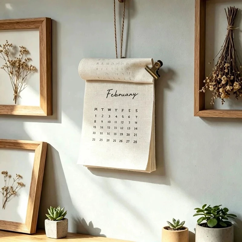 2027 Fringed Linen Wall Calendar 12 Monthly Pages Rough Edge Fabric Hanging Calendar Retro Farmhouse Wall Ornament Home Gift