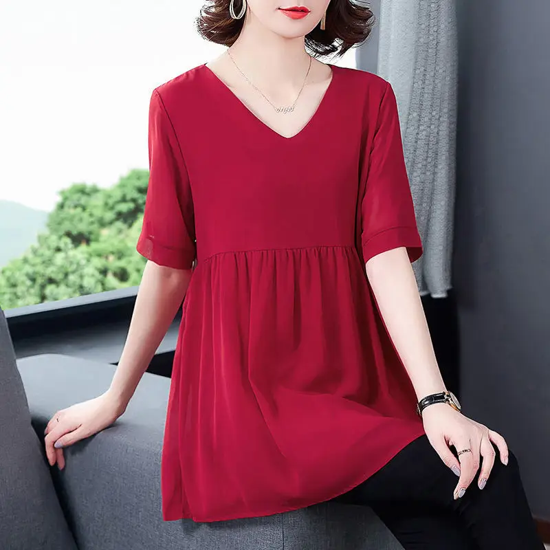 New Summer obesity Mid-length Chiffon Blouse Oversize Women Short sleeve Beautiful Self-cultivati Shirt blouse Show thin