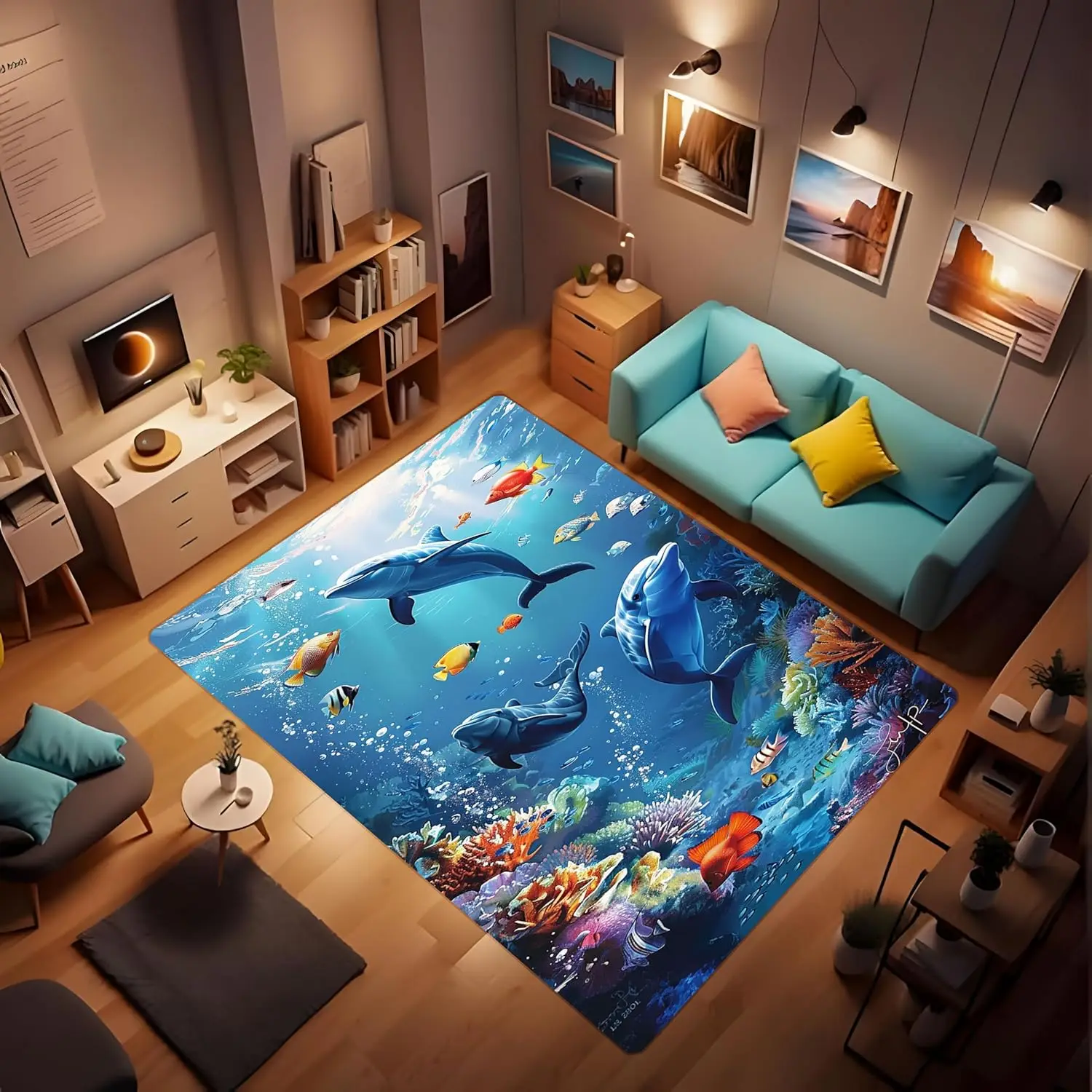 Flannel Soft Washable Carpet Non-Slip Indoor Doormat Carpet Underwater Dolphin Coral Pattern Carpet for Bathroom Kitchen