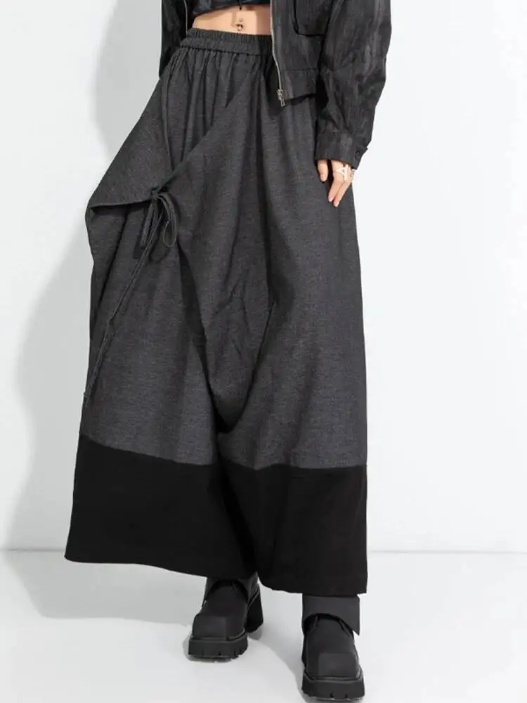 Elastic Waist High Dark Gray Bandage Color-block Wide Leg Pants New Trousers Women Fashion  Spring Autumn 2026 PSNF