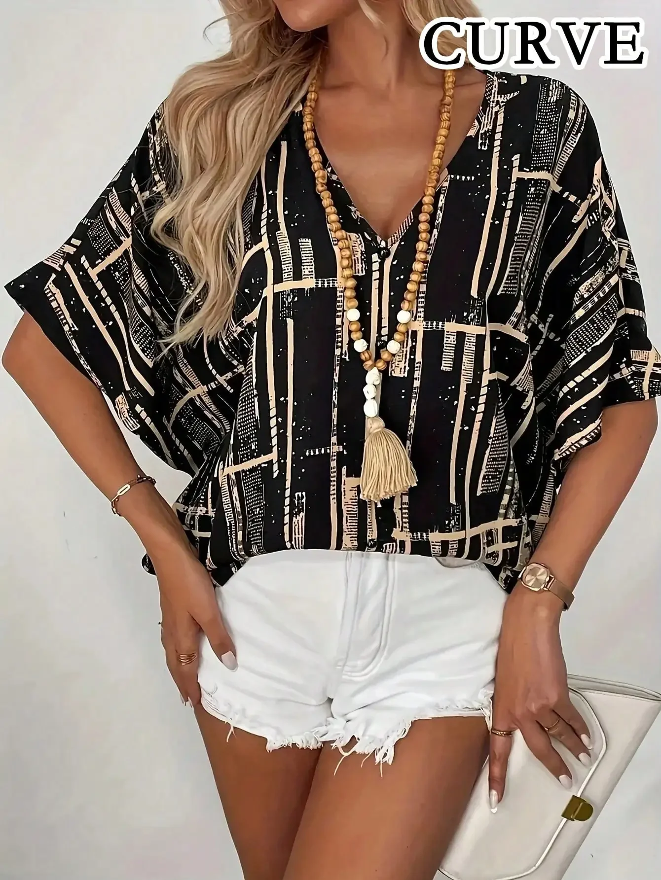 Plus Size 1XL-5XL Women's Fashion Print V-Neck Batwing Sleeve Blouse Top Ladies Casual Short Sleeve Summer Shirt Tops image 6