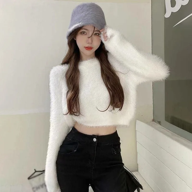 Sweet Faux Mink Hairy Pullover Sweater For Women O Neck Long Sleeve Loose Short Sweater Lady Casual Soft Warm Jumper