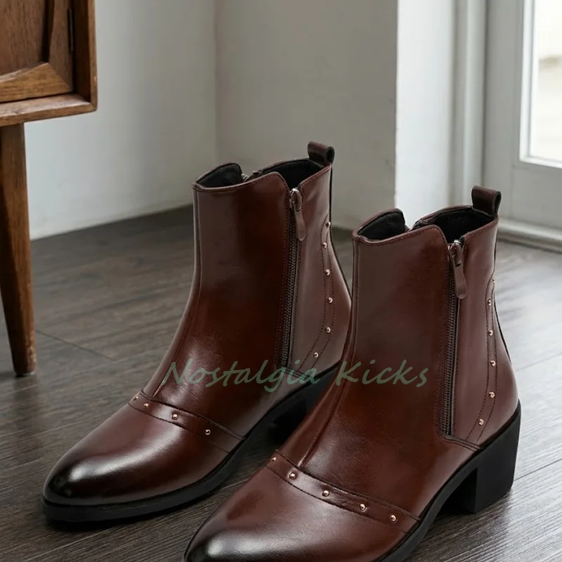 Men Rivet Studded Ankle Boots Side Zipper Pointed Toe Cuban Block Heel Dress Booties Vintage Punk Motorcycle Shoes For Walking