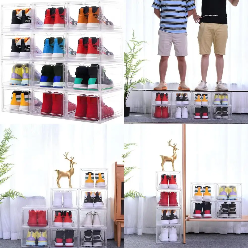 

Stackable Clear Shoe Storage Boxes, 12-Pack Hard Plastic Organizers with Magnetic Doors, US Size 12, Sneaker Display Cases