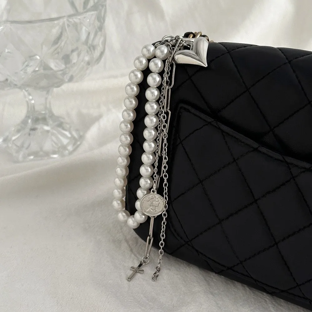 Elegant Metal Pearl Beaded Keychain Peach Heart Shape Tassel Decoration Pendant Jewelry Bead Bag Chain Bag Accessories