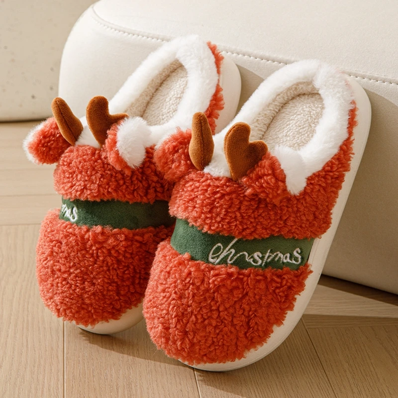 

BeQeuewll Women Christmas Fuzzy Slippers Soft Comfy Antler Bedroom Slippers Non Slip Warm House Shoes for Winter Indoor Outdoor