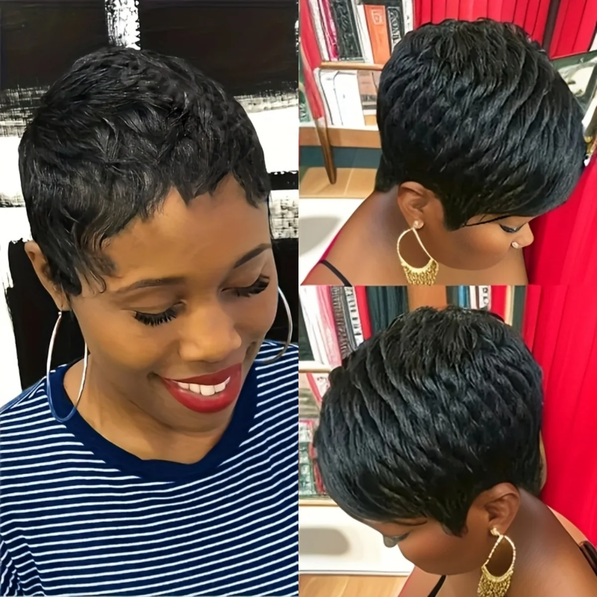 ショートブラウンフルマシンメイドウィッグ人毛ショートナチュラルストレートレイヤードカットピクシーウィッグ