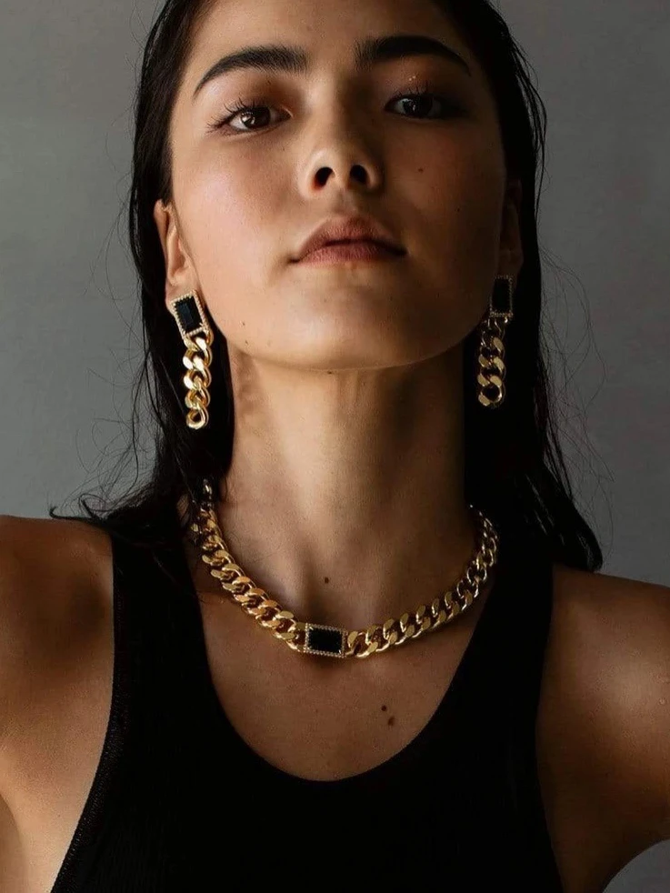 

Brass With 18K Gold Zircon Black Jade Statement Necklace Women Jewelry Runway Gown Hiphop Rare Glam Japan Korean Fashion