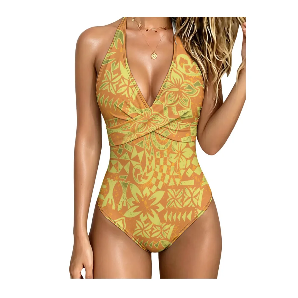 Polynesian Lady Custom Tribal Design Floral Print Beachside And Seaside Wrap-Around Swimsuit With Neck Coverage Sexy Bikini