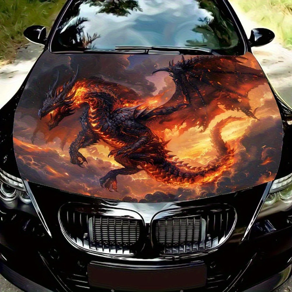 

Flying Flame Dragon Car Hood Decal, Durable PVC Vinyl Wrap For Most Vehicles, Engine Cover Protective Film, Realistic Pattern De