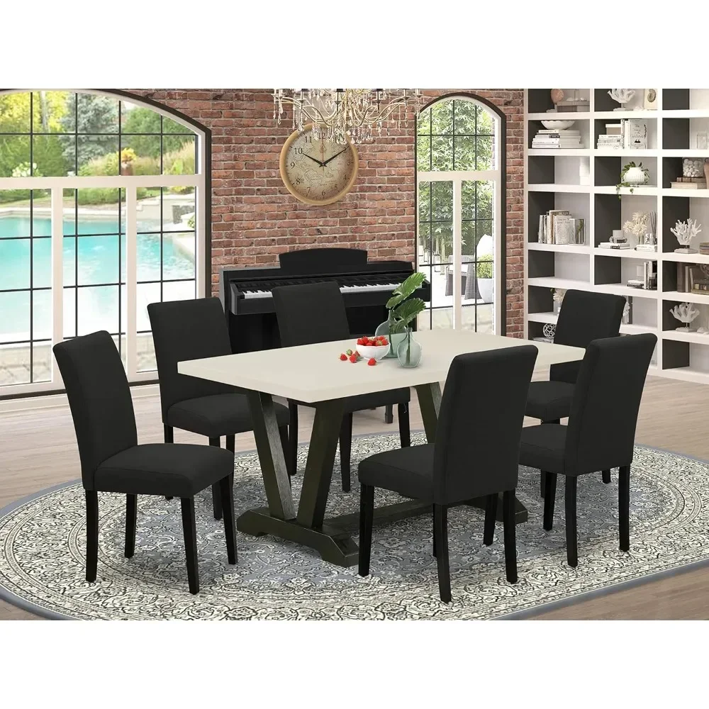 

7 Piece Dining Table Set, Consist of A Rectangle Tables with V-Legs and 6 Linen Fabric Parsons Chairs, Dining Table Set