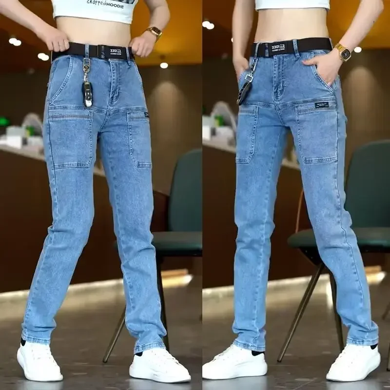 2024 New Men Jeans Fashion Pocket Cargo Denim Pants Korea Casual Pants Straight Jean Womens Streetwear Blue Gray