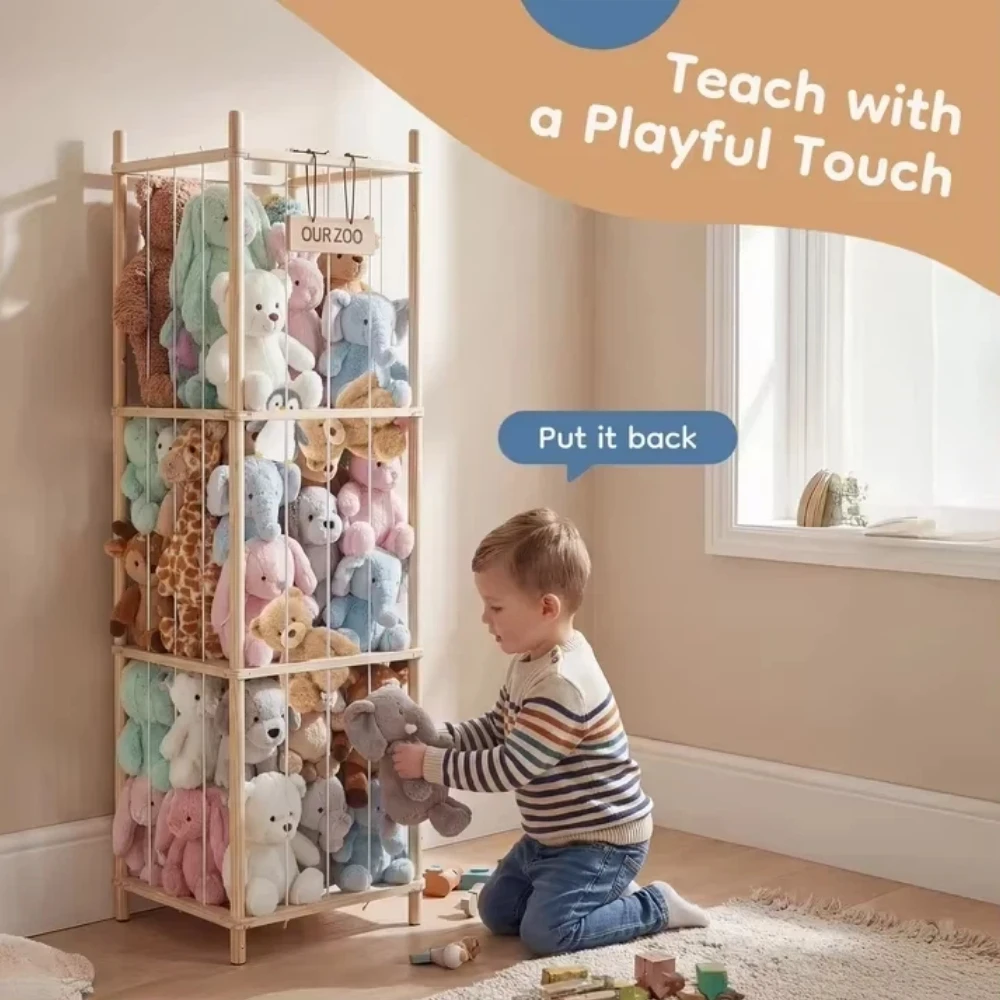 

Wooden Toy Storage Organizer with Steel Screws, Holds 40+ Plush Toys, Sturdy Toy Holder for Toddler Room, Playroom, Bedroom