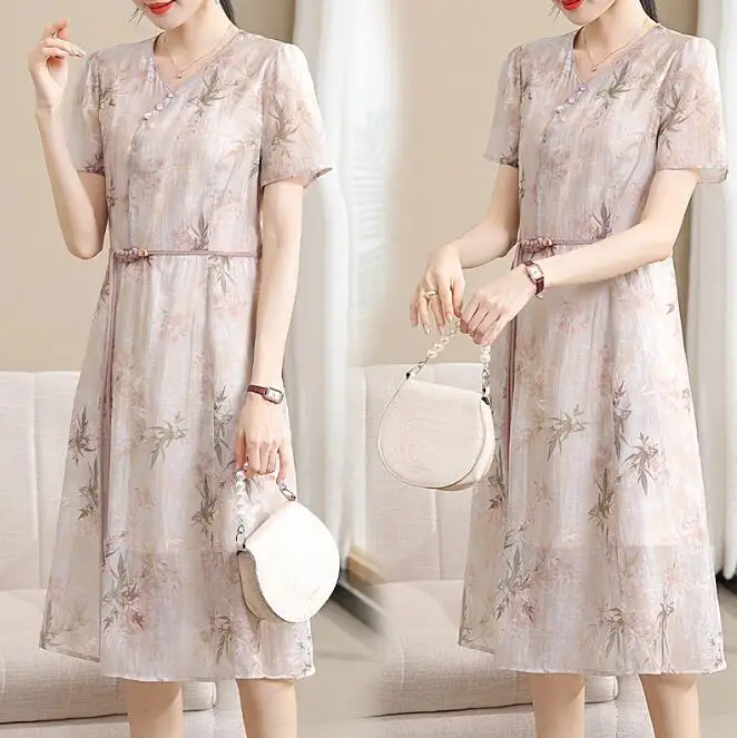 

Women ladies Chiffon lace round neck fashion New Chinese style national style 2024 summer new women's dress