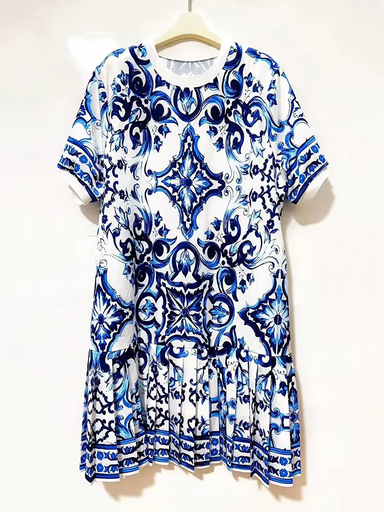 Designer retro impressão geométrica em torno do pescoço pulôver camiseta vestido 2025 verão vestido feminino solto plissado saia inchada