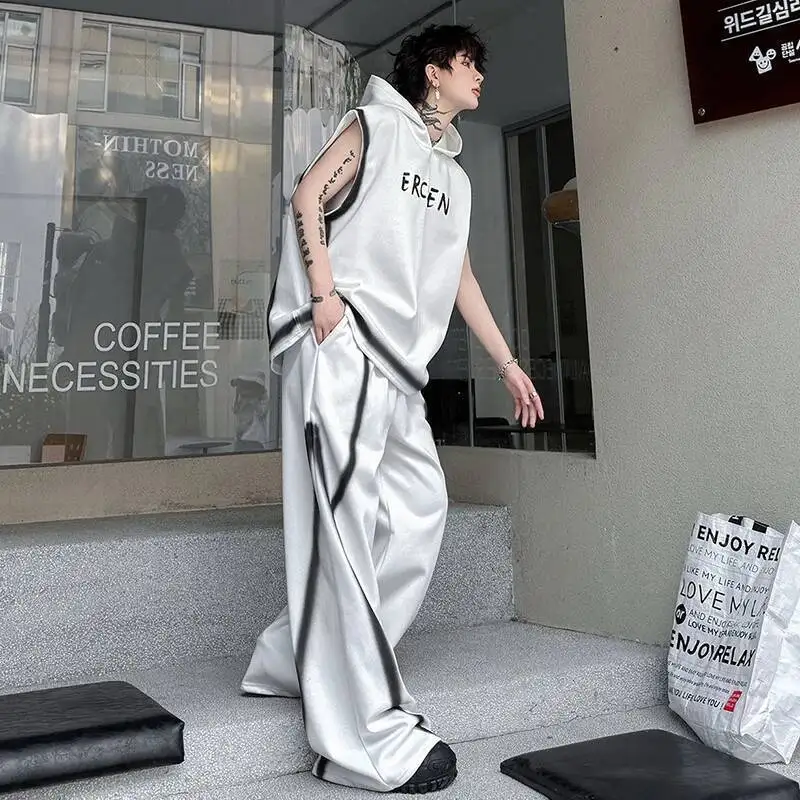 LUZHEN 2026 Sleeveless Summer Hoodies Tie-dyed Sweatshirt Stripe Letter Loose Wide Leg Casual Pants Men's Two-piece Sets JY9046 - view 5