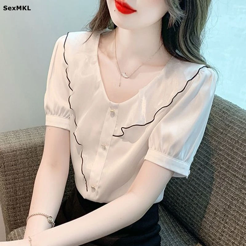 

Elegant Ruffles White Chiffon Shirt Women Summer Short Sleeve Y2k Clothes Slim Blouses Streetwear Sweet Ladies Puff Sleeve Tops