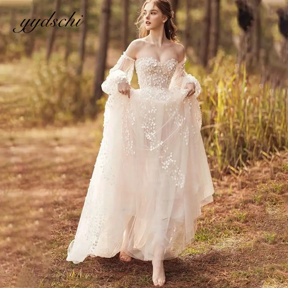 

White Wedding Dresses For Women 2023 Bride Off The Shoulder Puff Sleeves Bridal Gown Elegant Tulle Appliques Vestidos De Novia