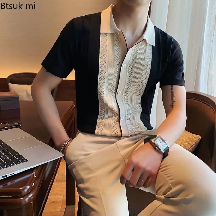 

2025 Men's Summer Clothing Casual Short Sleeve Premium Patchwork Jacquard Knitted T-shirts Fashion Britain Style Men Polo Shirts