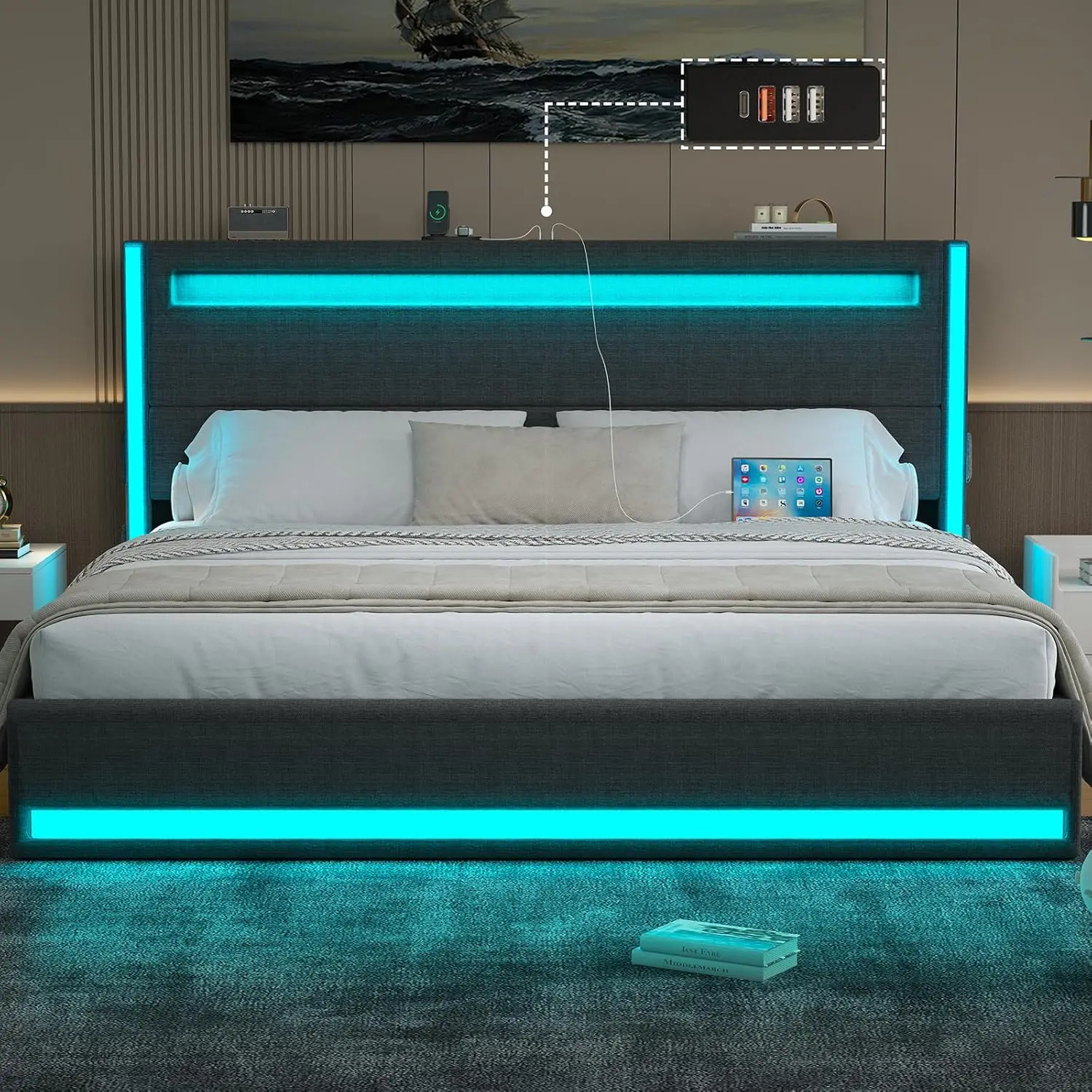 Light Up King Size Bed Frame with Adjustable Headboard