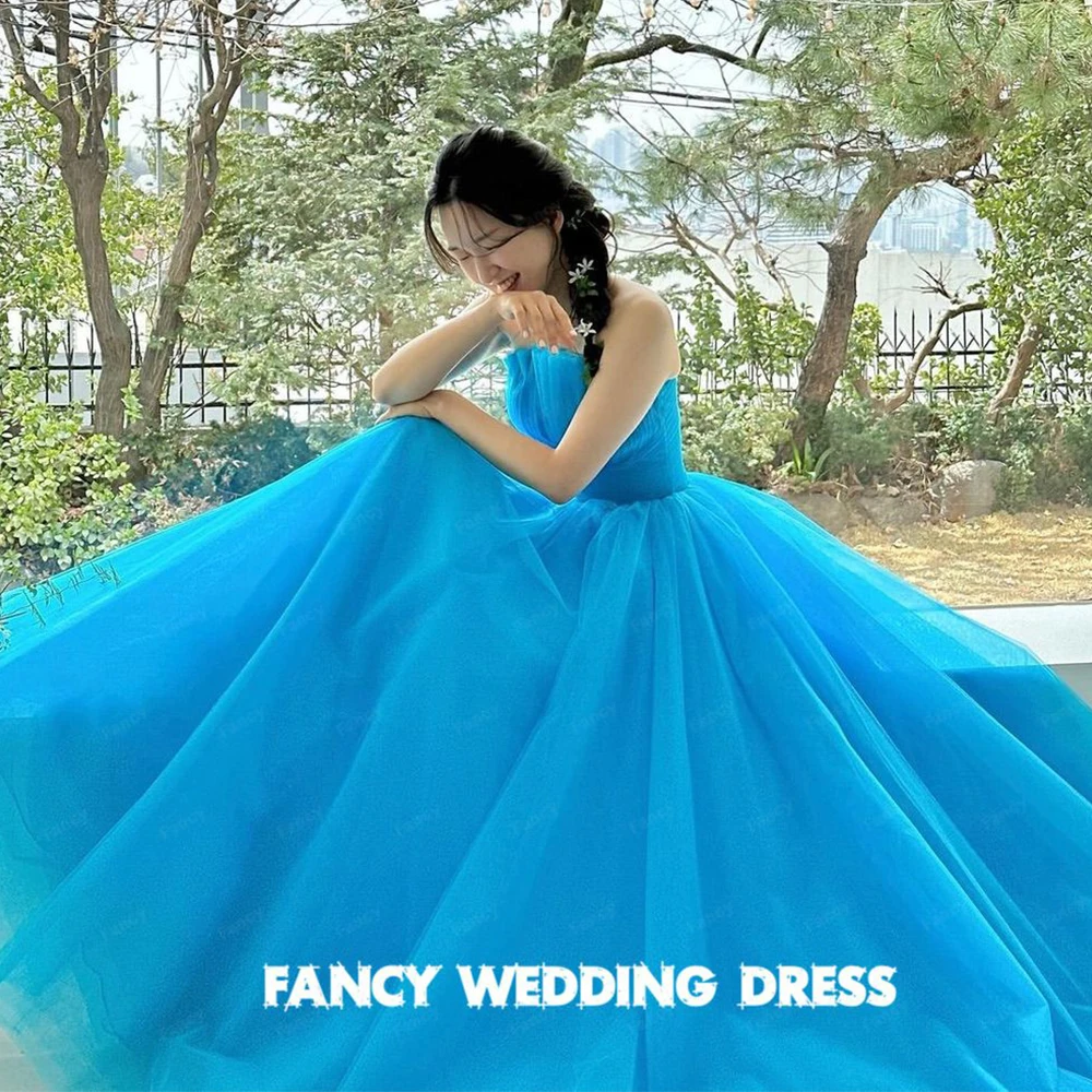 

Fancy Korea Blue Strapless Wedding Dress Photo Shoot A Line Soft Tulle Sleeveless Bridal Gown Floor Length Back Corset