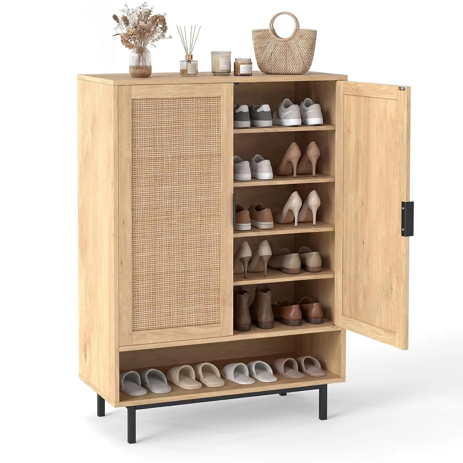 6-Tier 6-Tier Rattan Shoe Storage Cabinet, 2 Doors, Adjustable Shelves & Open Compartment, Freestanding Shoe Organizer for Entryway - Aliexpress Deal