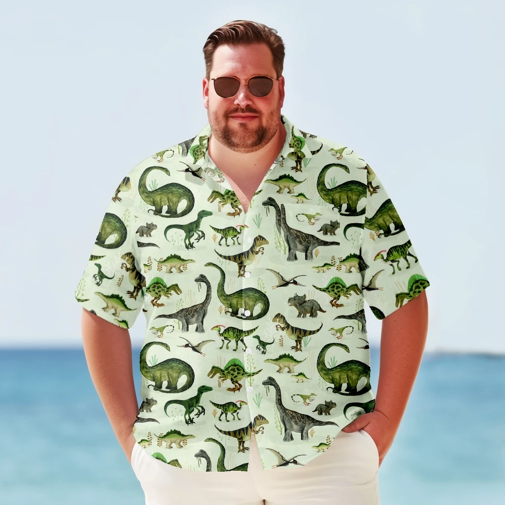 Big & Tall Hawaiian Shirt For Men Vintage Cartoon Dinosaur Print Summer Plus Size Short Sleeve Oversized Clothes Y2kStreetwear