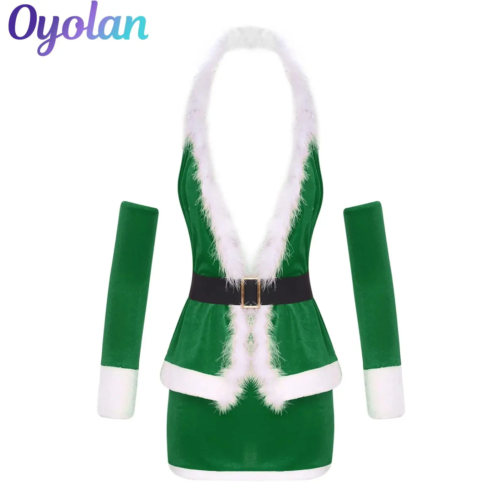 

Womens Christmas Xmas Costume Santa Claus Cosplay Outfit Velvet Halter Top with Matched Oversleeves Waistbelt And Short Skirt