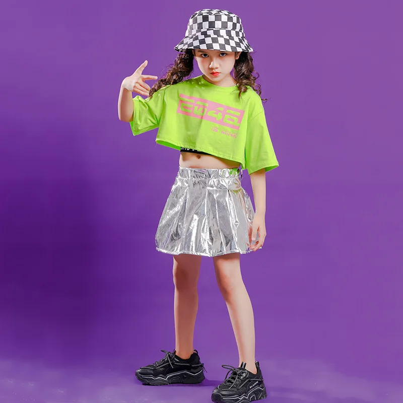 Mädchen Hip Hop Straßenkleidung Grün Crop Tops Silber Lederrock für Kinder Streetwear Kostüm Jazz Dance Kleidung