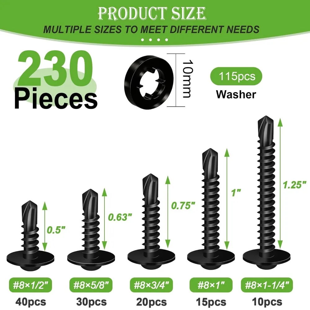 230PCS #8 Self Tapping Screws, 410 Stainless Steel, 5 Sizes with Washers, for Metal, Wood, Plastic