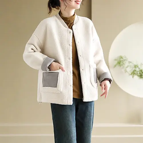 Xiaoxiangfeng 여성 두꺼운 모피 일체형 야구 칼라 모피 상의, 루즈핏 램퍼 숏 코트, 가을 겨울 신상 