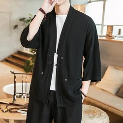 Kimono Mens Shirt Japanese Samurai Retro Solid Color Cardigan Chinese Style Cotton Linen Yukata Haori Loose Men Coat Streetwear